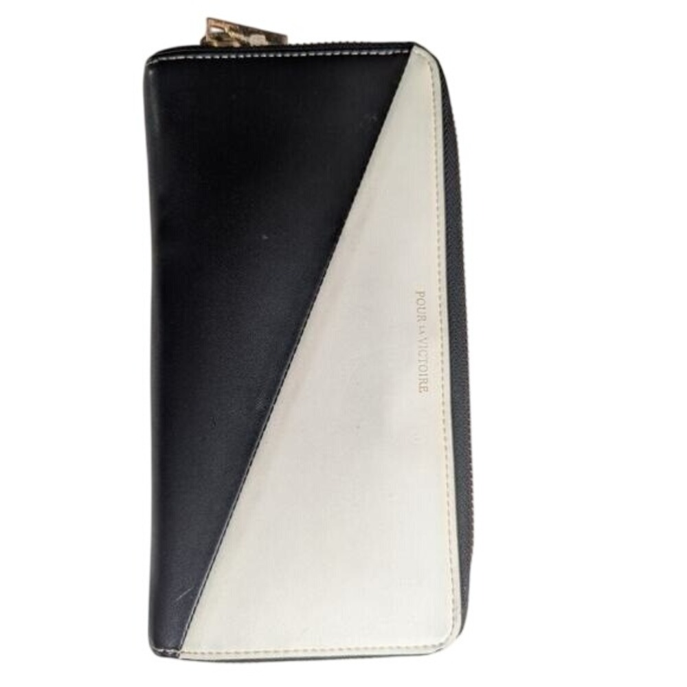 POUR LA VICTOIRE‎ Black White Color Block Zip Around Wallet Clutch
